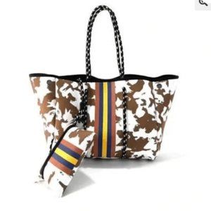 Cow Print Neoprene Tote Bag with Stripes